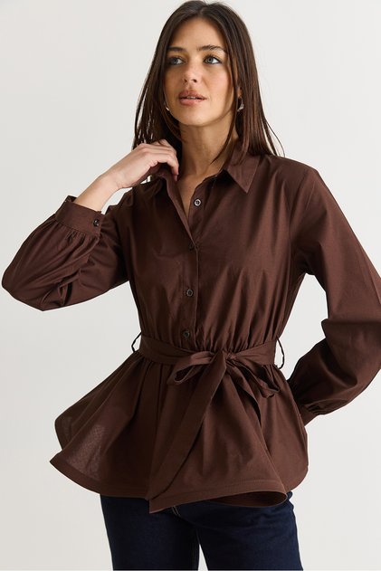 Women's Brown Belted Long Sleeve Waist-Tied Shirt 60382626
