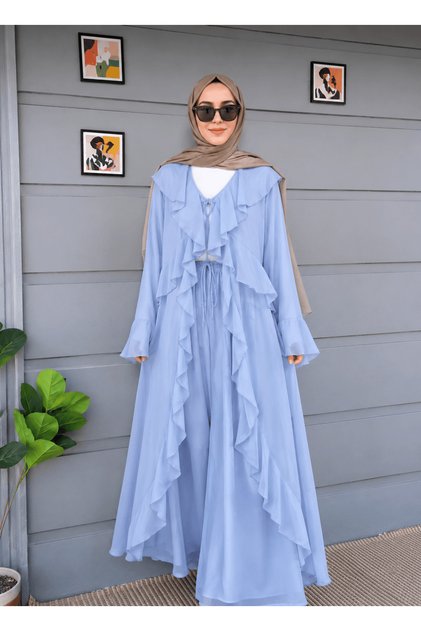 Ruffle Detailed Chiffon Trouser Suit - 774 - Ice Blue