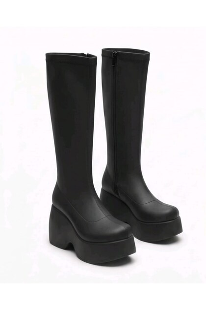 Women's Black Stretch High Platform Wedge Sole Women's Boots