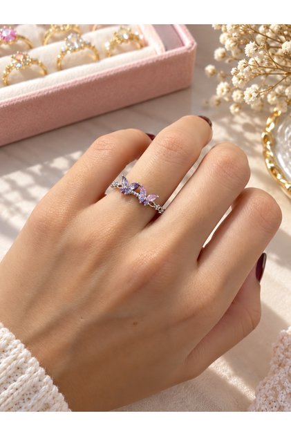 Lilac Pink Stone Flower Patterned Silver Color Elegant Women's Ring