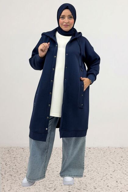 43077 Plus Size Three Thread Cap with Ribbed Sleeves and Hem - Navy Blue