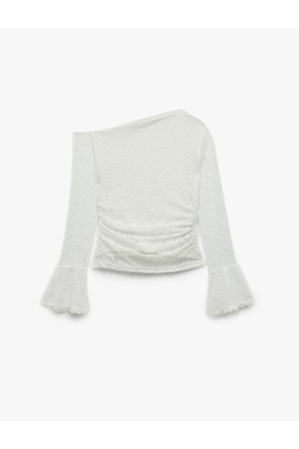 Slim Fit One Shoulder Long Spanish Sleeve Gathered Lace T-Shirt