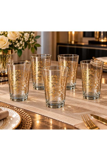 Set 6 Pahare Elegante din Sticlă cu Model Floral Auriu – 260 ml