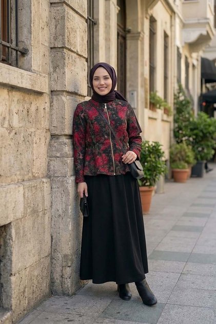 Kadın Bordo Siyah Desenli Fermuarlı Dik Yaka Ceketli Takım BOA001