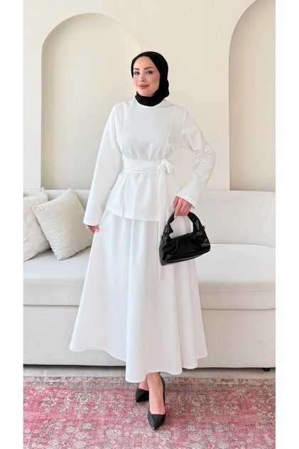 Women's Waist Tie Detailed Scuba Skirt Set - White