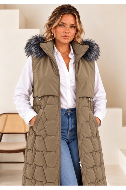 Women's Plus Size Removable Hooded Lined Inside with Detailed Front Piece and Pockets Winter Thick Long Puffer Vest 25061