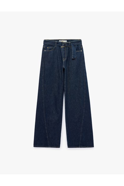 Regular Fit Cotton Wide Leg Denim Trousers with Belted Pockets - Wide Leg Jeans