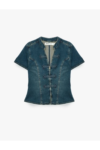 Embroidered Ornate Button Closure Zipper V-Neck Short Sleeve Peplum Denim Blouse