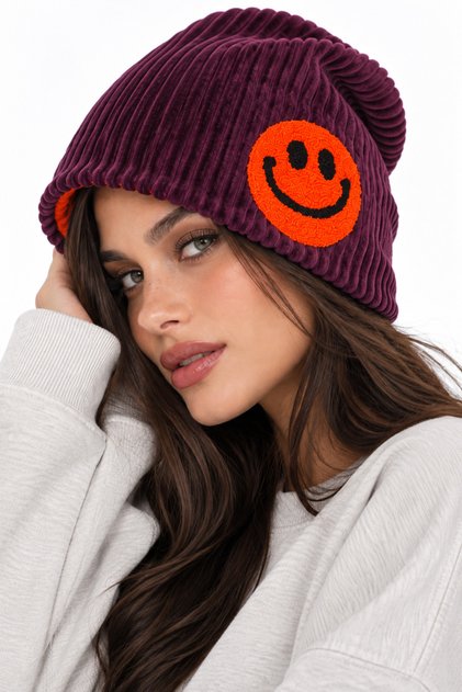 Smile Süzene Embroidered Corduroy Unisex Beanie with Fleece Lining