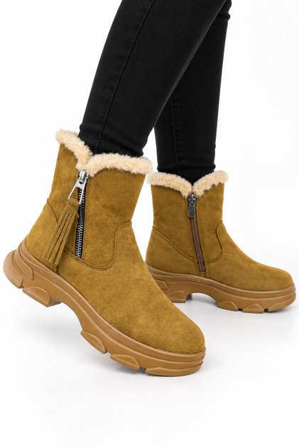 Women's nubuck ankle boots with faux fur lining, cold weather protection, and side zipper detail - tan