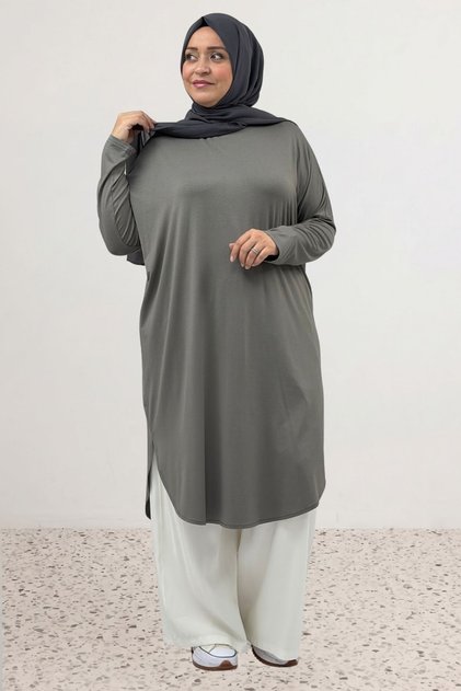 38110 Plus Size Low Sleeve Combed Cotton Tunic - Anthracite