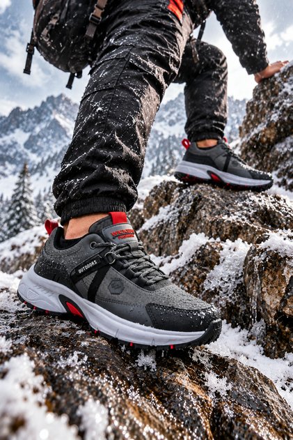 Fashion Men's Outdoor Sports Shoes Gray Black Red Detailed Thick Sole Casual Trekking Shoes