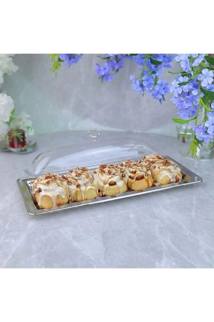 Stainless Steel Serving Tray with Glass Lid Luxury Design Silver and Clear 18X48X11Cm