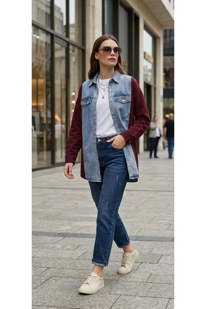Double Fabric Detailed Stoned Denim Shirt
