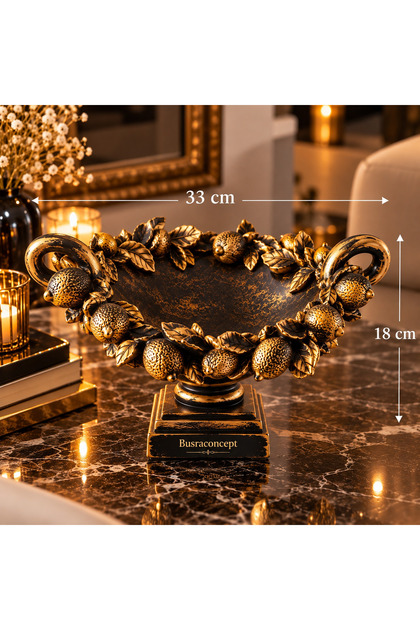Dekoratif Limon Desenli Meyvelik Siyah Gold Eskitme Ayaklı Gondol Salon Konsol ve Masa Üstü Dekoratif Kase