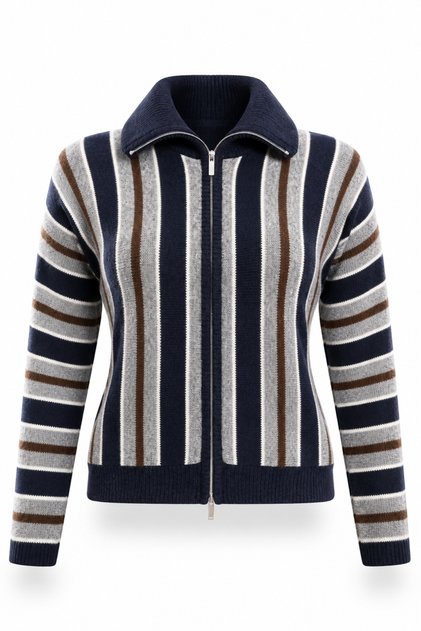 Navy Blue Striped Wool Blend Cardigan 261048
