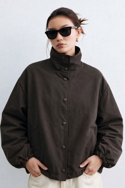 Women's Snap-Closure Stand Collar Jacket - Bitter Brown