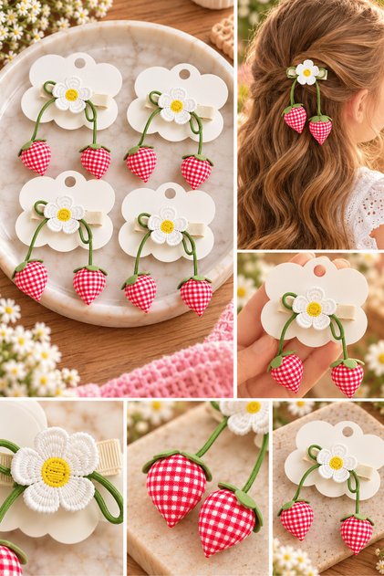 Girl's Gingham Strawberry and Daisy Detailed Dangle Buckle 1 Piece