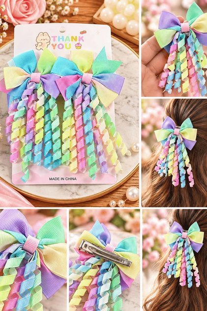 Girl's Rainbow Bow Hair Clip Set of 2 – Long Curl Ribbon Hair Accessory