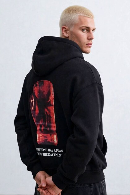 Men's Back Velvet Print Hooded Sweatshirt - Black