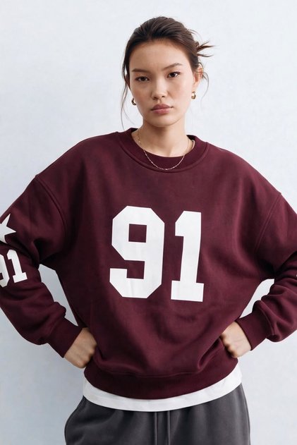 Women's Crew Neck Number Printed Sweatshirt - Plum