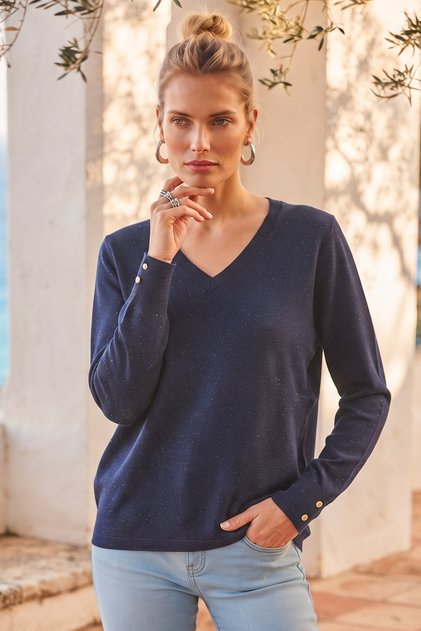 Navy Blue V-Neck Cuffed Sleeves Slim Shimmering Casual Knitwear Sweater 65 65