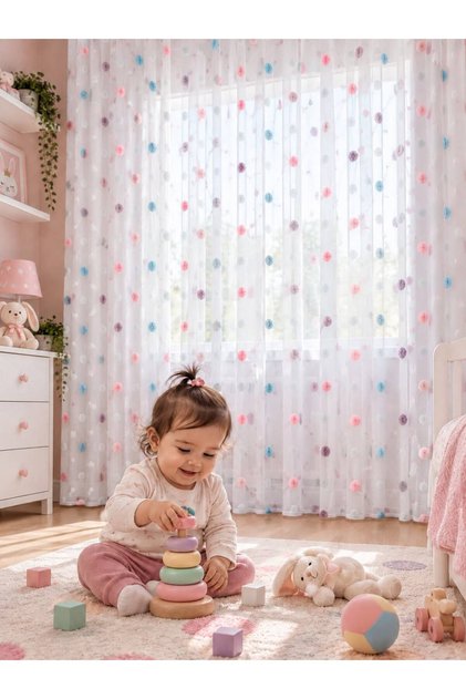 Children's Room Tulle Curtain with Linen Background and Colorful Pompoms – Pleated, Plum Pink Blue Decorative Tulle