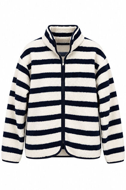 Premium Striped Zippered Fleece Cardigan - Ecru-Dark Blue