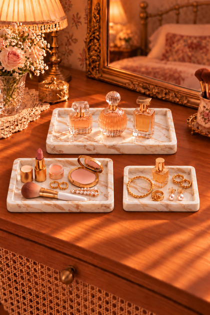 Decorative 3-Piece Brown Marble Patterned Rectangular Model Row Tray Set, Presentation Tray, Jewelry Plate, Organizer Multi-Purpose Plate Set