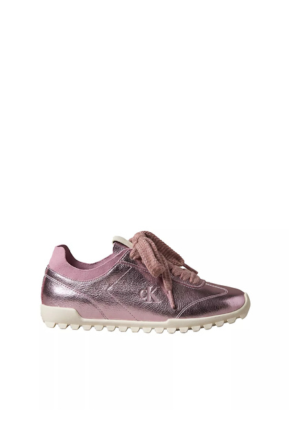 Kadın Parlak Folyo Kaplama Deri Monogram Logolu Yedek Bağcıklı Pembe Sneaker