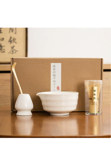 4 Pcs Matcha Set - Matcha Whisk Set & Matcha Bowl Set with Stainless Steel Sifter, Ceramic Pouring Bowl, Matcha Spoon, Whisk Holder - Japanese Tea Ceremony Kit for Gifts (White)