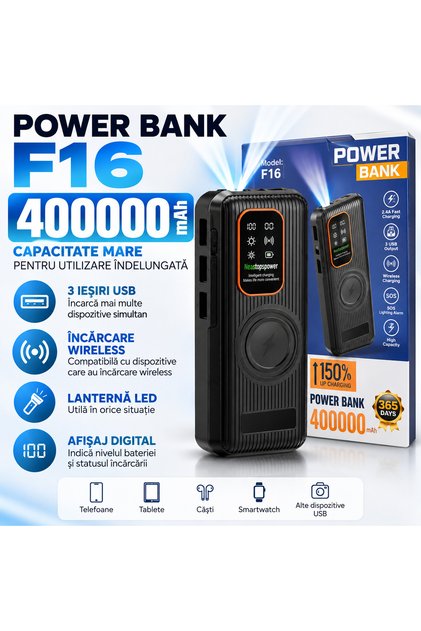Baterie Externă Power Bank , 40000 mAh, 3 Ieșiri USB, Afișaj LED Digital, Negru