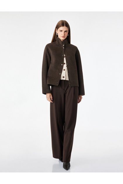 Wool Blend Zippered Pocketed Stand Collar Oversized Seasonal Cashmere Jacket