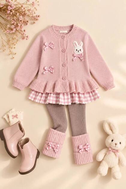 Girl's Rabbit Appliqué Bow Detailed Leggings and Two-Piece Knitwear Set