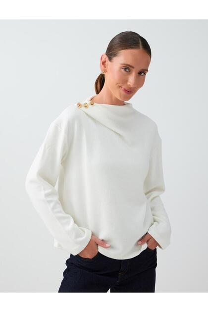 Off-White Button Detailed Crew Neck Soft Touch Blouse