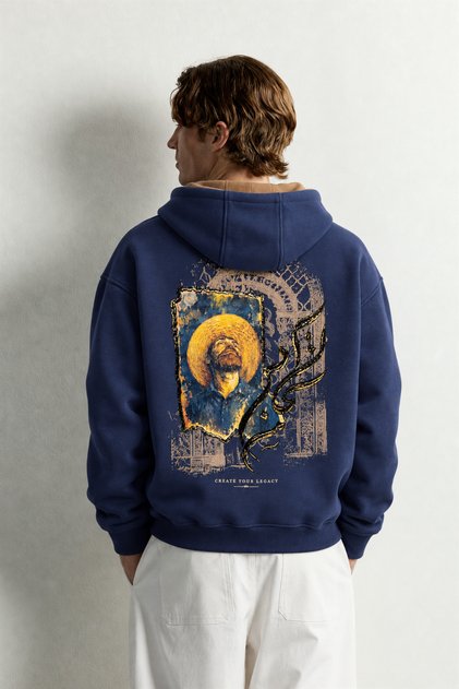 Men's Van Gogh Patch Printed Hooded Oversize Sweatshirt