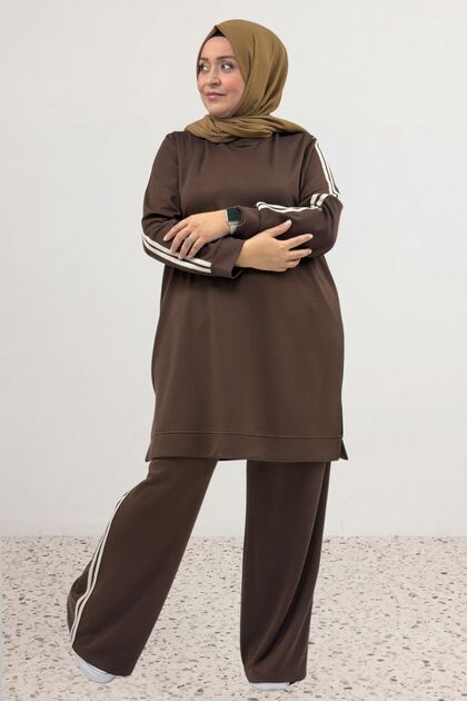 67086 Plus Size Modal Pants Suit with Side Stripe Detail - Brown