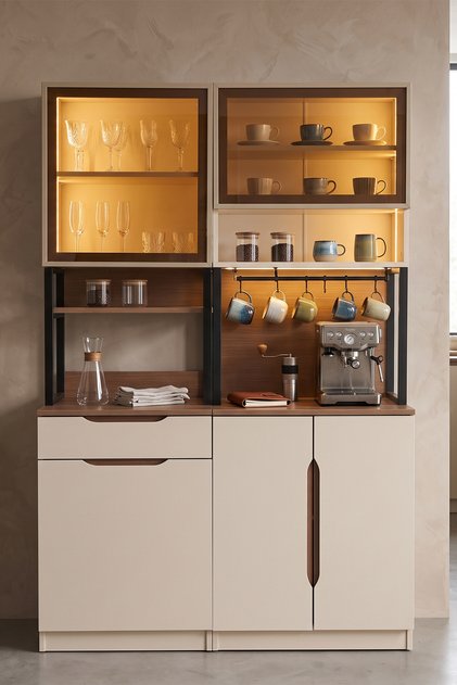 Barissa Cam Dolaplı Çekmeceli Fırın Modüllü Modüler %100 MDF Kahve Köşesi