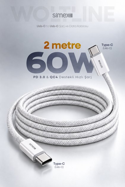 Type-C to Type-C 2 Metre Kablo 60W Süper Hızlı Şarj iPhone Samsung Xiaomi Oppo Uyumlu Standart