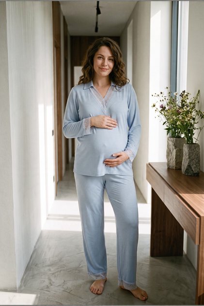 Veloria Shirt Collar Lace Embroidered Maternity and Postpartum Pajama Set