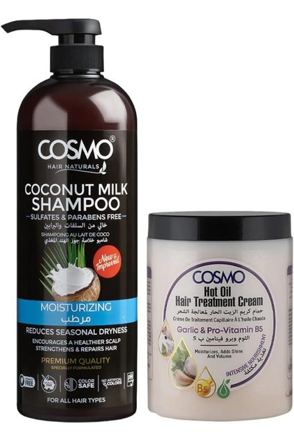 Cosmo Strengthens & Repairs Hair Care Combo | Moisturizing Coconut Milk Shampoo 480ml & Garlic Hot Oil Treatment Cream 1000ml | Reduces Seasonal Dryness & Adds Volume | Sulfate & Paraben Free