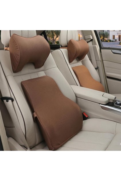 AUTO FAMILY Car Neck Pillow & Lumbar Support Cushion Combo – Memory Foam Car Seat Support Combo, Breathable Neck Rest & Back Support Pillow for Long Drive Comfort (Brown)