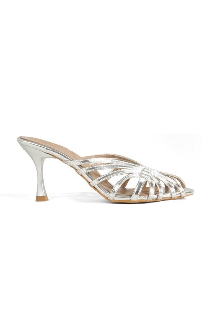 Women's Silver Lame Multi-Strap Thin Goblet Heeled Evening Dress Slippers - Ttoma