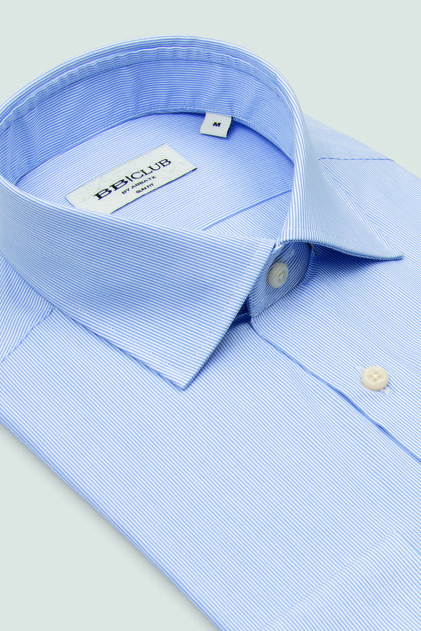 Bb Club Oscar Poplin 100% Cotton Slim Fit Light Blue Classic Collar Men's Striped Shirt