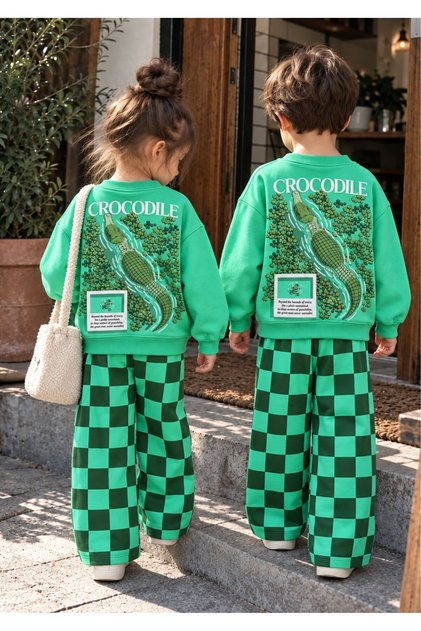 Crocodile Embossed Printed Sweatshirt Checkered Tracksuit Girls & Boys 3-Piece Top and Bottom Set