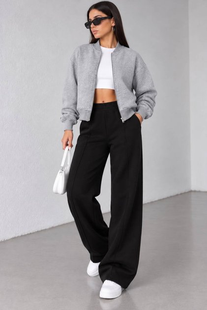 Cardigan bomber gri cu 2 fire și fermoar pentru femei - Set pantaloni de trening negri cu picior larg