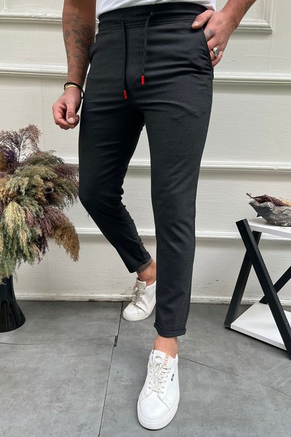 Men's Black Jogger Pants with Elastic Waist, Lace-Up, Slim Fit, Double Leg