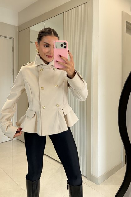 Gold Buttoned Trench Coat with Stand-Up Collar Detail and Fitted Waist