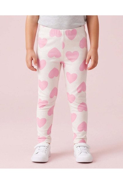 Girls Ivory And Pink Heart Printed Skinny Fit Leggings