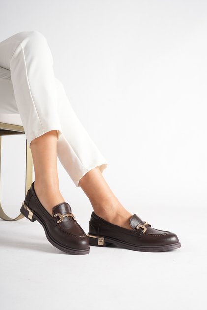 Women's Genuine Leather Daily Wear Buckle Detailed Loafer Shoes
